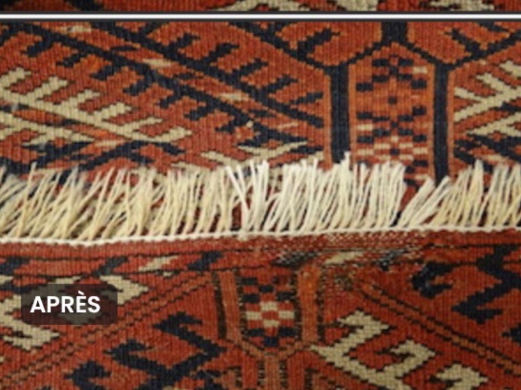 Turkmène — réfection des franges — après intervention