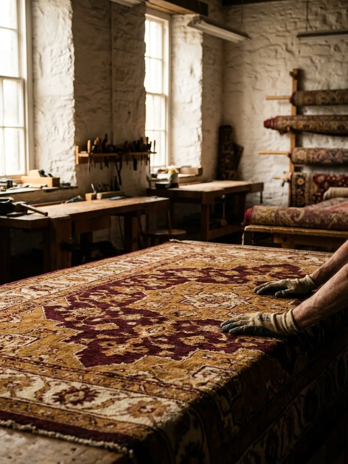 Examen d'un tapis ancien à l'atelier avant intervention