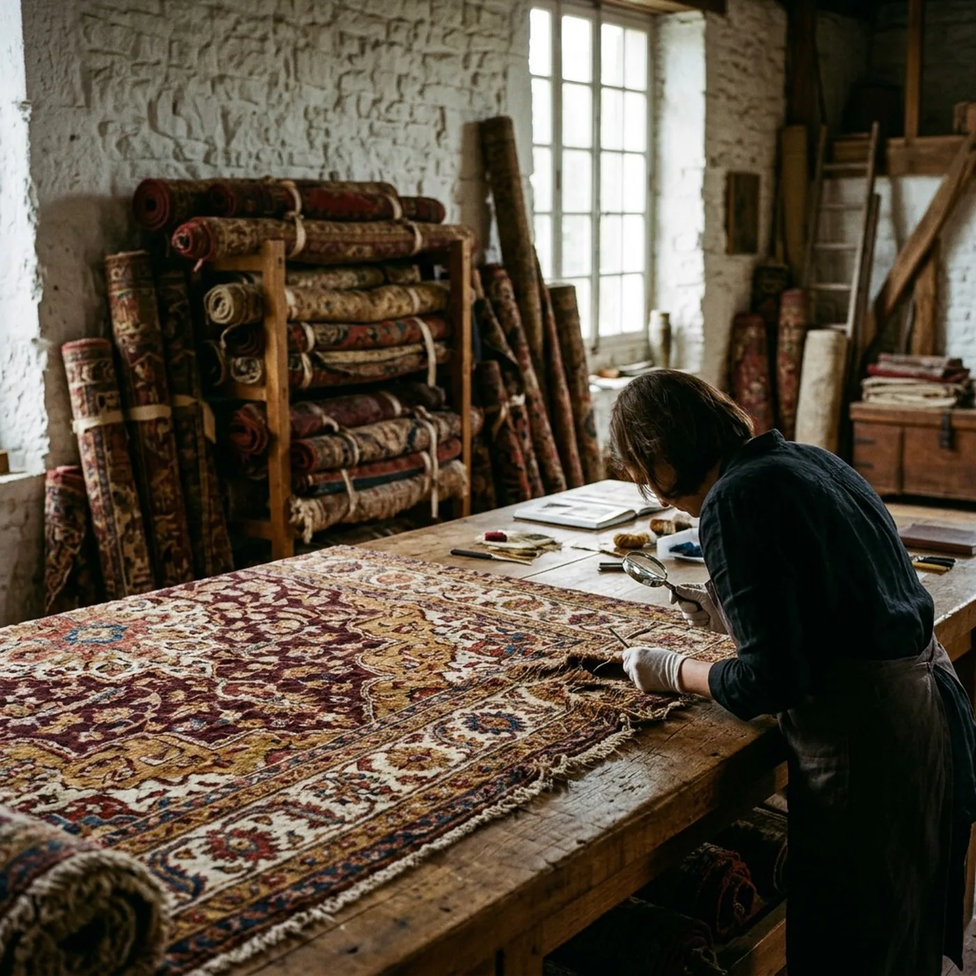 Examen d'un tapis ancien avant prise en charge à l'atelier