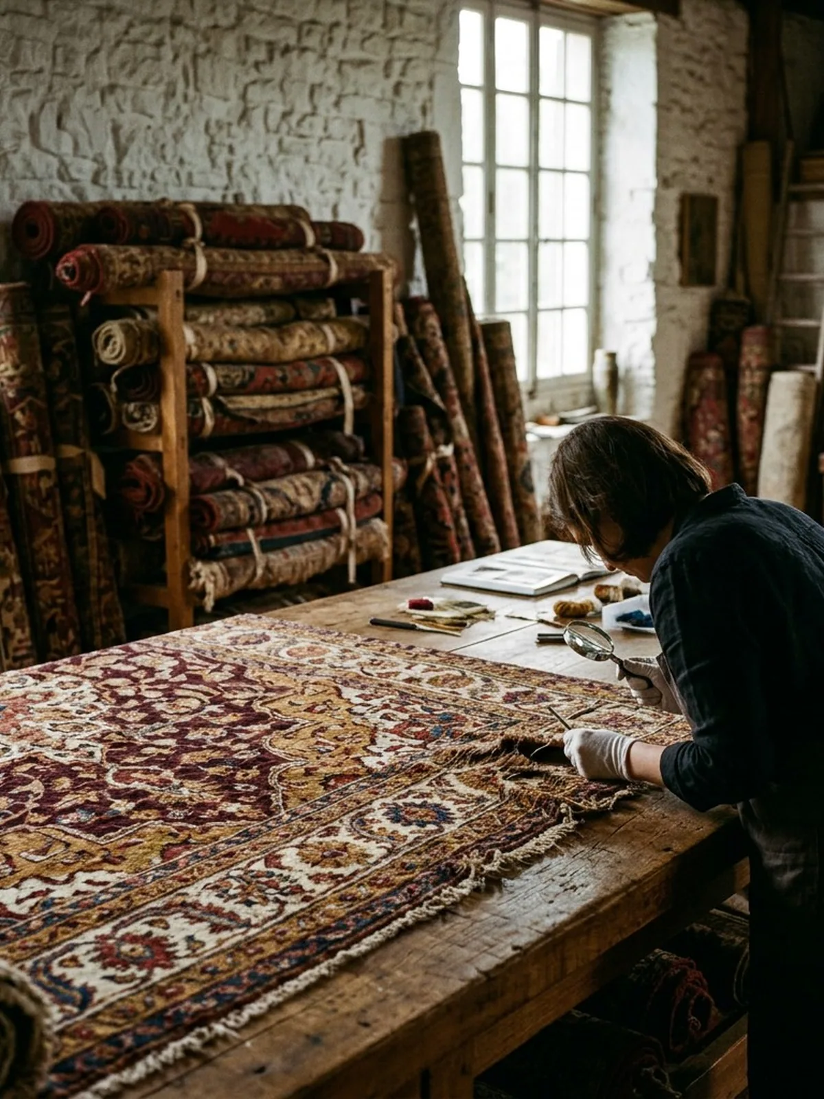 Expertise détaillée d'un tapis d'Orient, mesure et documentation de la pièce