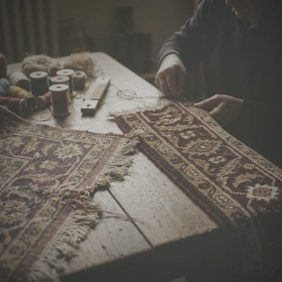 Avant / après à l'atelier : franges et lisière reconstruites à la main — avant