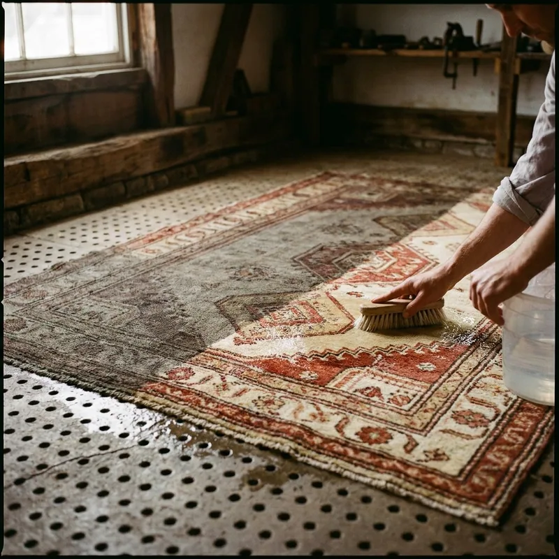 Avant / après à l'atelier : un tapis grisé retrouve ses crèmes et ses briques au lavage — après