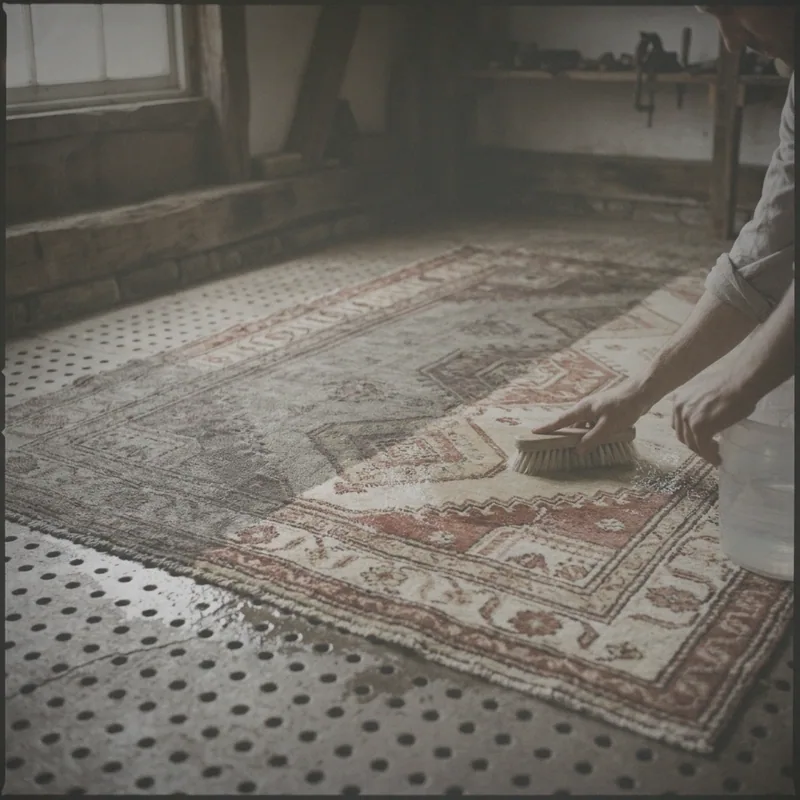 Avant / après à l'atelier : un tapis grisé retrouve ses crèmes et ses briques au lavage — avant