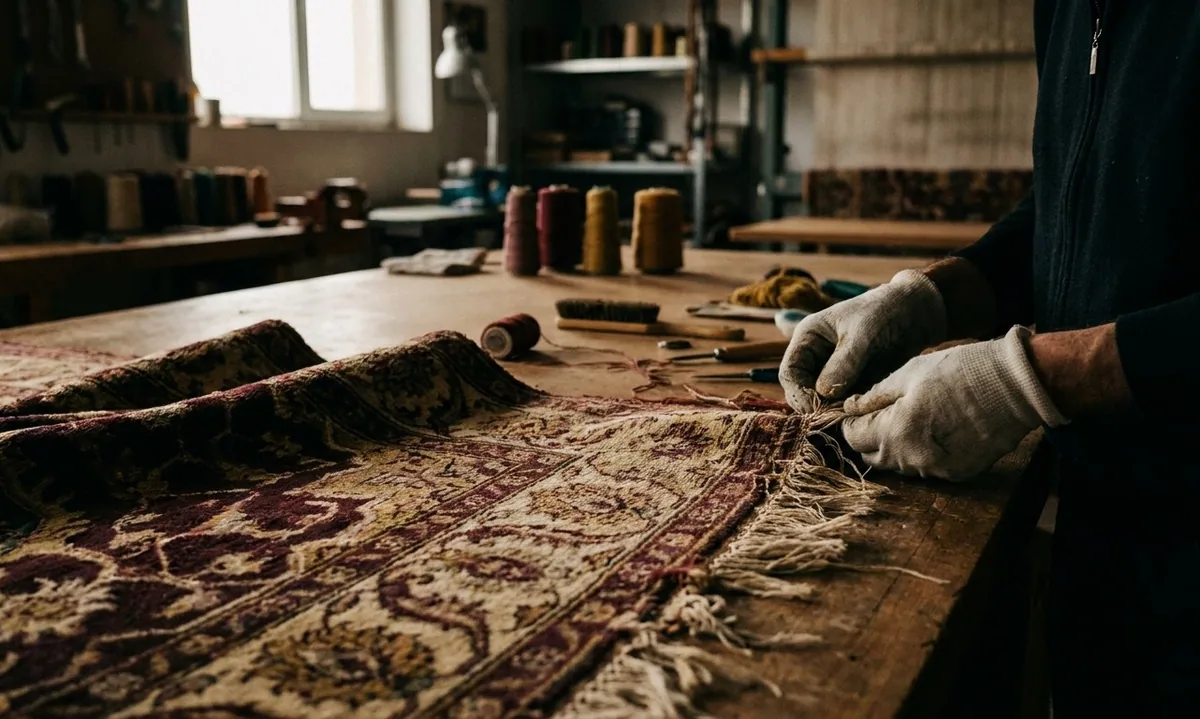 Restauration artisanale d'un tapis d'Orient à l'atelier — reprise des franges à la main