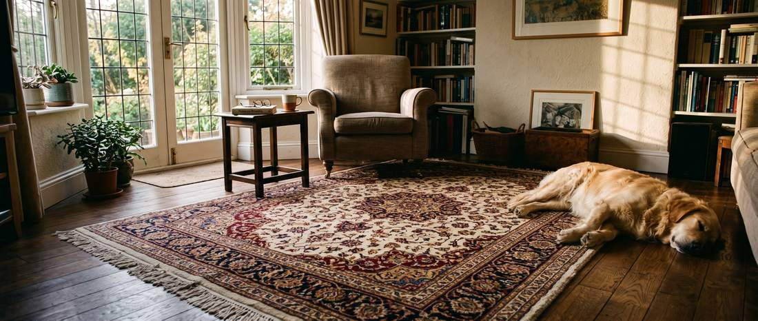 Un tapis restauré reposé dans un salon
