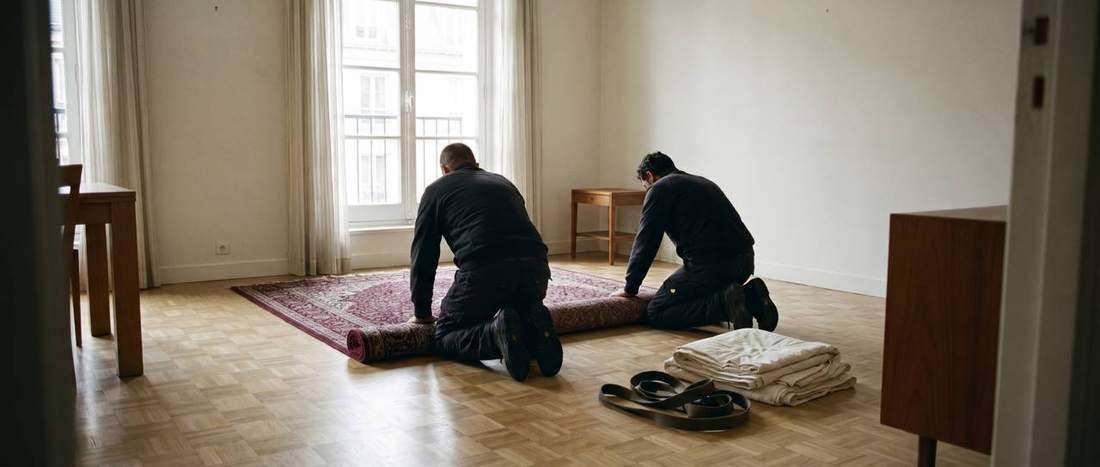Un tapis roulé et protégé pour l'enlèvement