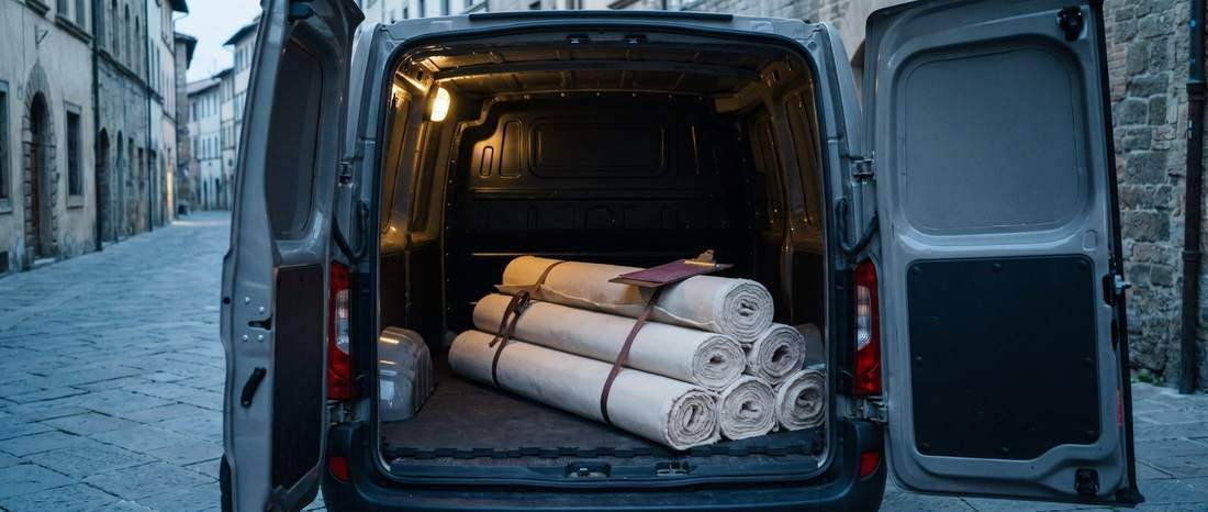 Des tapis roulés chargés pour la tournée du matin