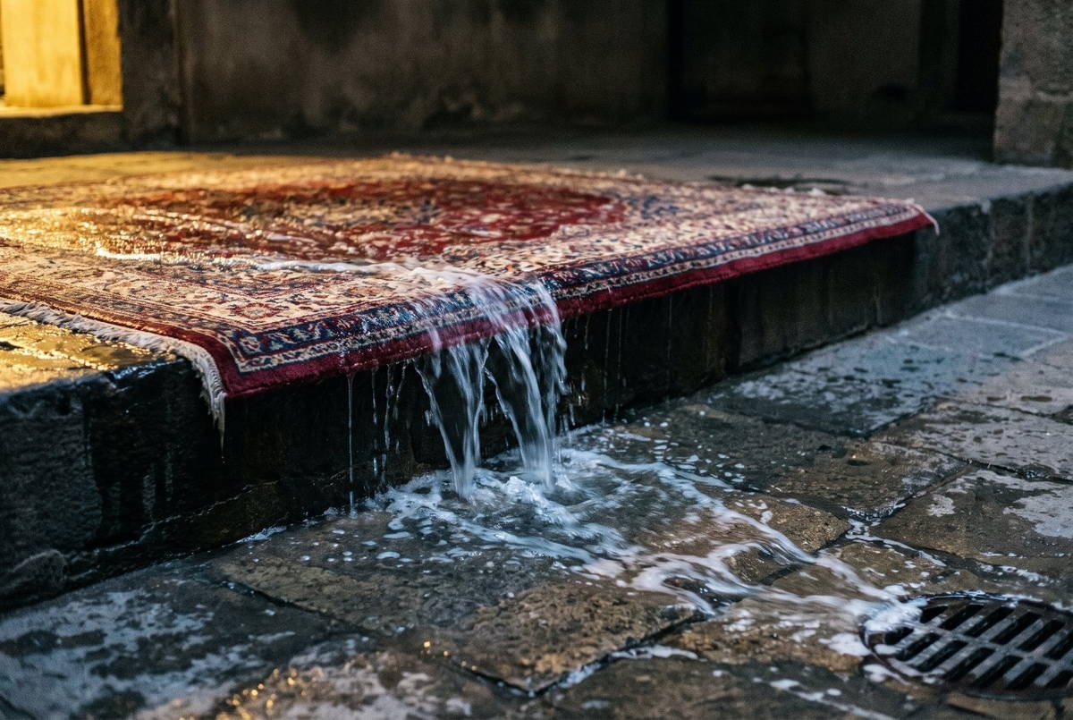 L'eau claire ruisselle du bord d'un tapis rincé