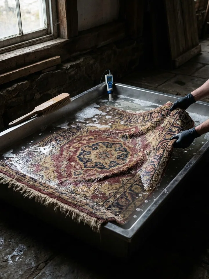 Contrôle final d'un tapis d'Orient avant relivraison au client
