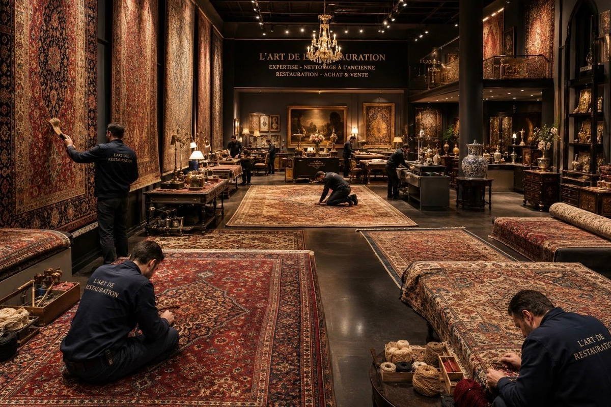 La galerie de L'Art de la Restauration : tapis suspendus, mobilier ancien, et l'équipe au travail au sol