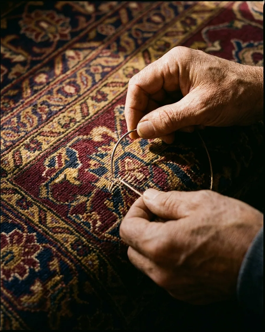 Travail à la main sur le velours d'un tapis chargé de poils