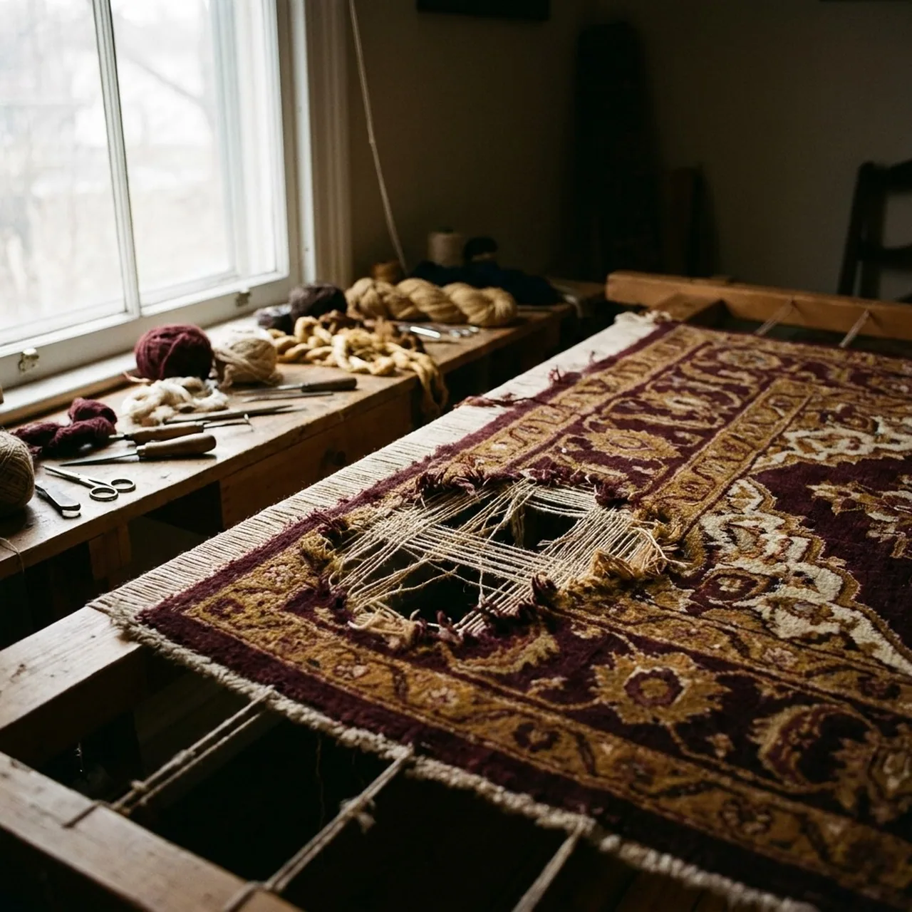 Tapis ancien troué en plusieurs endroits par les mites, avant restauration